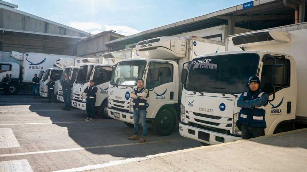 Equipo de conductores profesionales de Águila Logística y flota de camiones Isuzu refrigerados en andén de carga de centro de distribución.